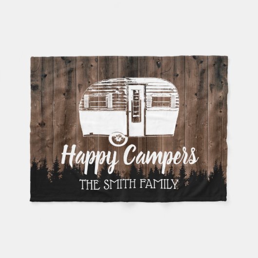 Camping Trailer Happy Campers Wald Rustikales Holz Fleecedecke (Vorderseite (Horizontal))
