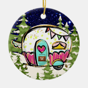 Camping-Trailer mit Türsignierung Keramik Ornament