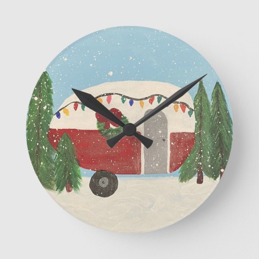Camping Trailer zu Weihnachten Runde Wanduhr (Vorderseite)