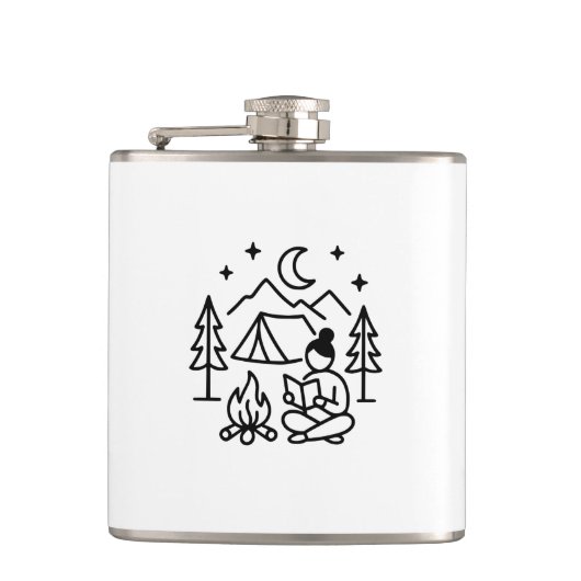 Camping und Reading Line Art Flachmann (Vorderseite)