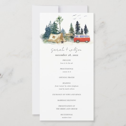 Camping Watercolor Pine Forest Wedding Programm (Vorderseite)