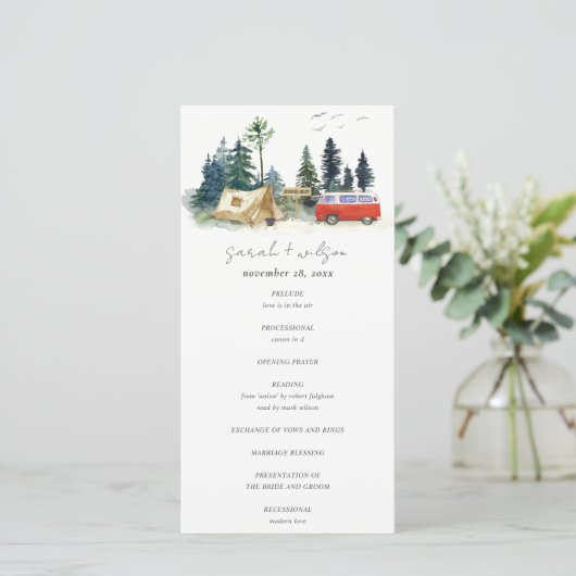 Camping Watercolor Pine Forest Wedding Programm (Stehend Vorderseite)