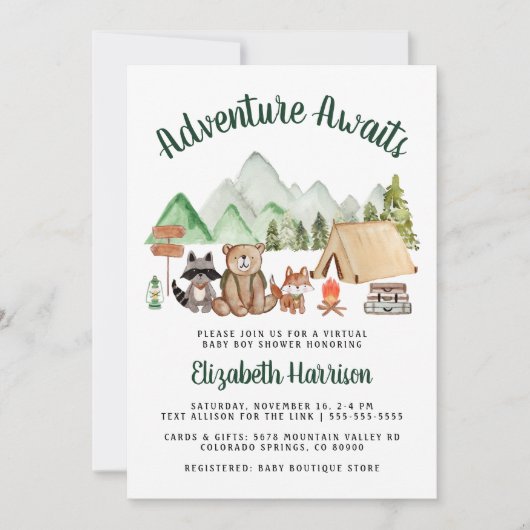 Camping Woodland Animals Virtual Baby Dusche Einladung (Vorderseite)
