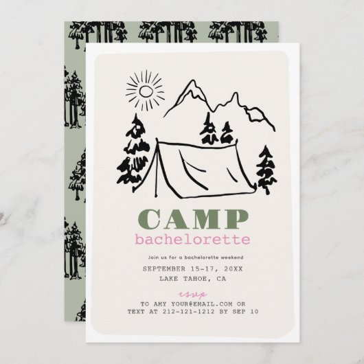 Camping Zelt Berg Junggeselinnen-Abschied Einladung (Vorne/Hinten)