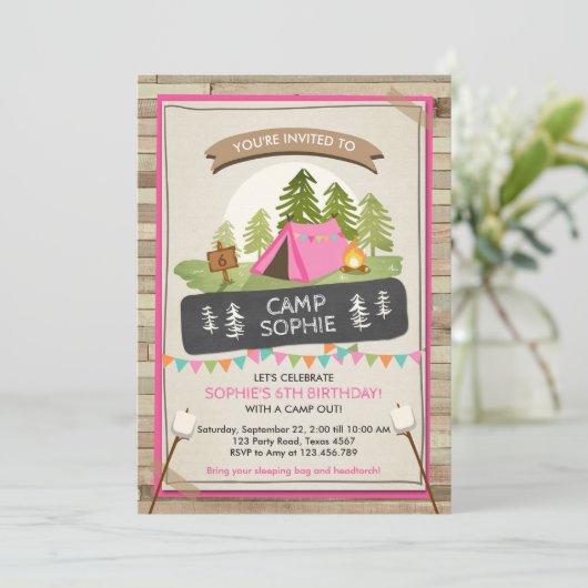 Camping Zelt Einladung Birthday Camp out Girl (Stehend Vorderseite)