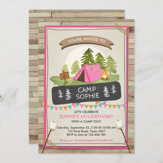 Camping Zelt Einladung Birthday Camp out Girl (Vorne/Hinten)