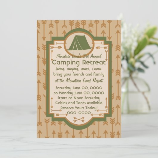 Camping Zelte und Pfeile Einladung (Stehend Vorderseite)