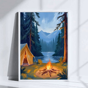 Campingausflug Wald Lagerfeuer Zelt Aquarell Poster