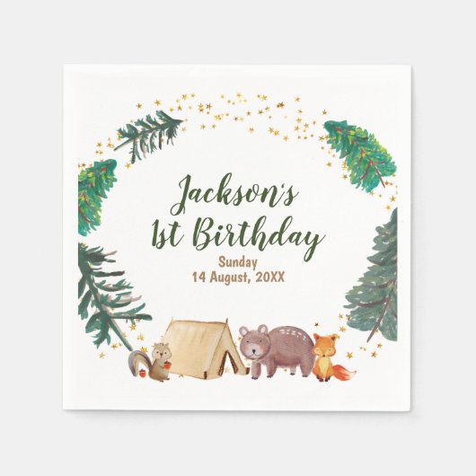 Campingplatz Wasserfarbe 1. Geburtstag Papier Napk Serviette (Vorderseite)