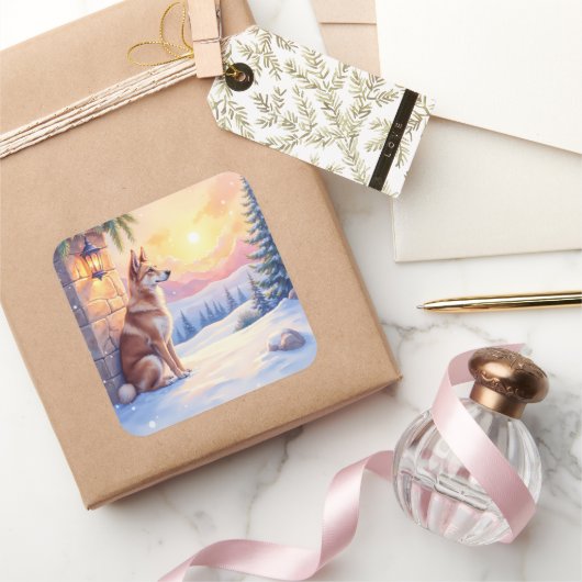 Canaan Dog Desert Stone Winter Christmas Art Quadratischer Aufkleber (Schenken)