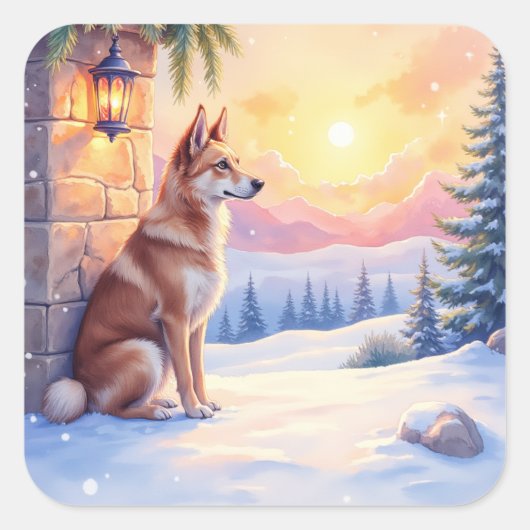 Canaan Dog Desert Stone Winter Christmas Art Quadratischer Aufkleber (Vorderseite)