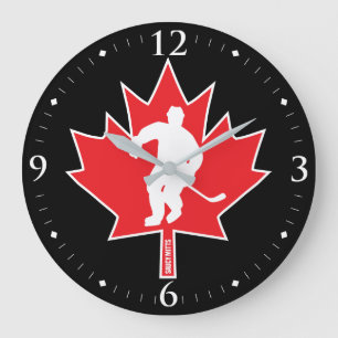 Canada Hockey Maple Leaf Player red on black Große Wanduhr