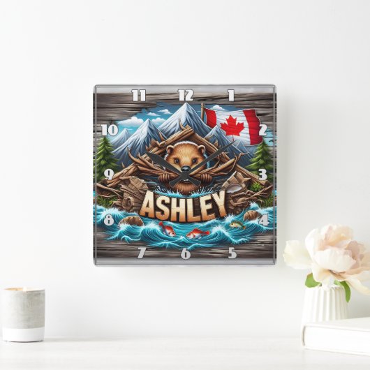 Canadian Beaver Holding Branches by Riverbank Quadratische Wanduhr (Zuhause)