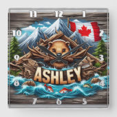 Canadian Beaver Holding Branches by Riverbank Quadratische Wanduhr (Vorderseite)