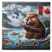 Canadian Beaver Holding Sticks am See Fliese (Vorderseite)