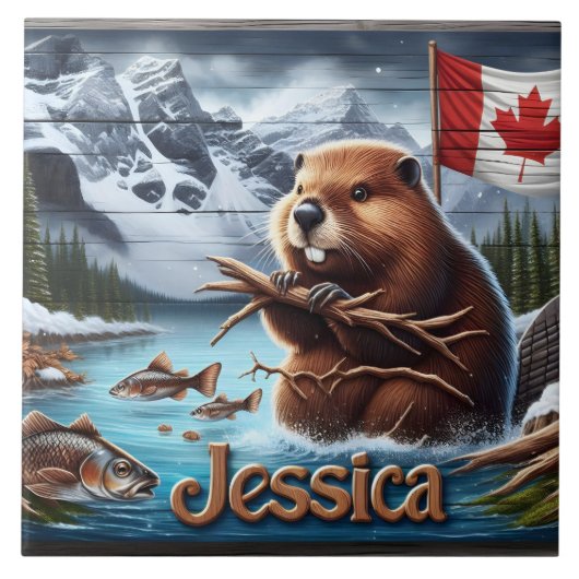 Canadian Beaver Holding Sticks am See Fliese (Vorderseite)