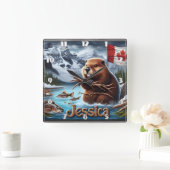Canadian Beaver Holding Sticks am See Quadratische Wanduhr (Zuhause)