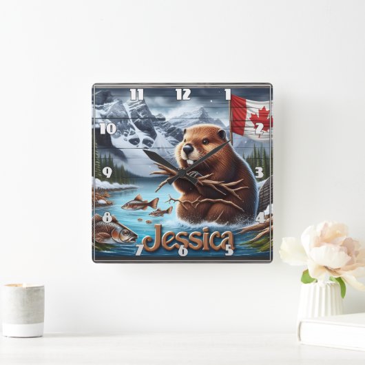 Canadian Beaver Holding Sticks am See Quadratische Wanduhr (Zuhause)