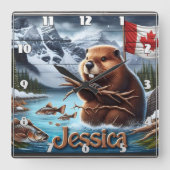 Canadian Beaver Holding Sticks am See Quadratische Wanduhr (Vorderseite)