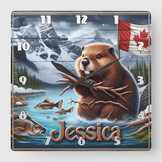 Canadian Beaver Holding Sticks am See Quadratische Wanduhr (Vorderseite)