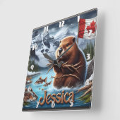 Canadian Beaver Holding Sticks am See Quadratische Wanduhr (Winkel)