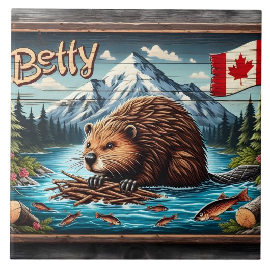 Canadian Beaver Nesting by Mountain River Fliese (Vorderseite)