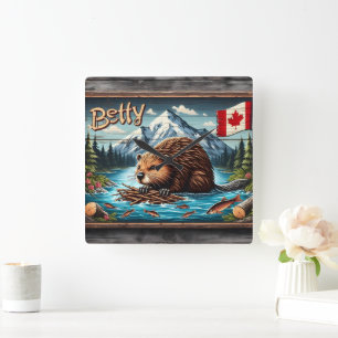 Canadian Beaver Nesting by Mountain River Quadratische Wanduhr