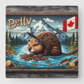 Canadian Beaver Nesting by Mountain River Quadratische Wanduhr (Vorderseite)