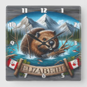 Canadian Beaver Schwimmen im Bergsee Quadratische Wanduhr (Vorderseite)