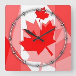 Canadian Red Maple Leaf Layered Style CANADA Quadratische Wanduhr