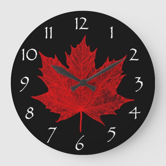 Canadian Red Maple Leaf/Red and Black Große Wanduhr (Vorderseite)