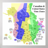 Canadian & United Staaten Political Time Zone Map Poster (Vorne)