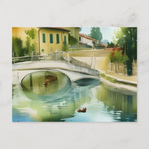 Canal Bridge Landschaftlich Watercolor Postcard Postkarte