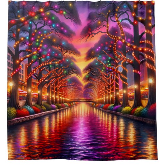 "Canal Colorscape: San Antonio Riverwalk Twilight" Duschvorhang (Vorderseite)