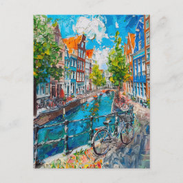 Canal with Bicycles and Colorful Houses Painting Postkarte
