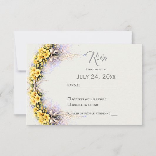 Canary Yellow Romantic Freesia  Floral Wedding RSVP Karte (Vorderseite)