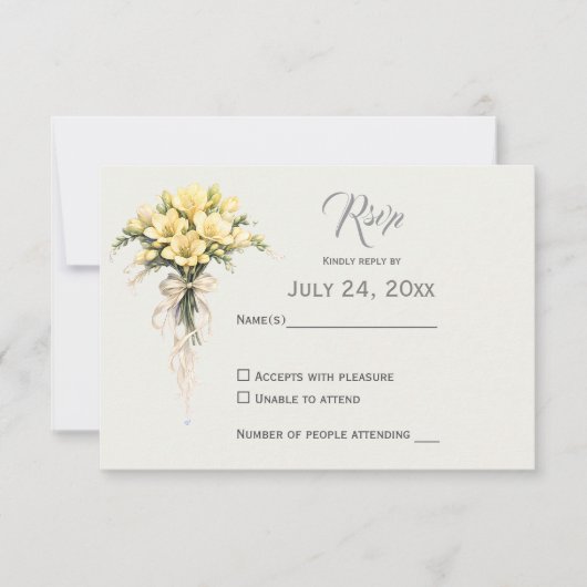 Canary Yellow Romantic Freesia  Floral Wedding RSVP Karte (Vorderseite)