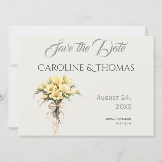 Canary Yellow Romantic Freesia  Floral Wedding Save The Date (Vorderseite)