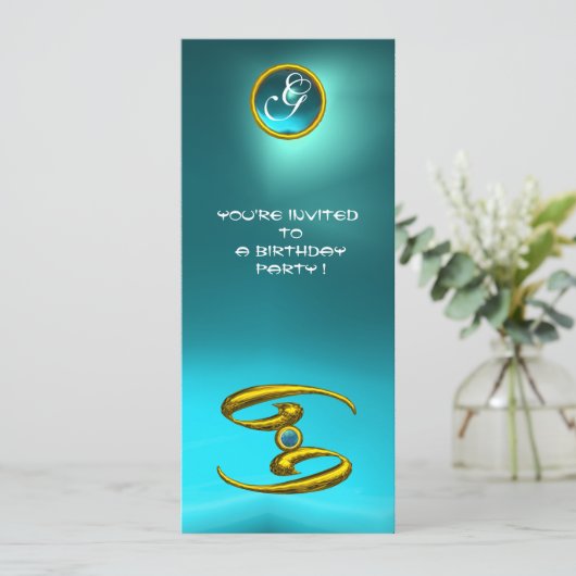 CANCER OPALE MONOGRAM Aquamarine hell blau Einladung (Stehend Vorderseite)