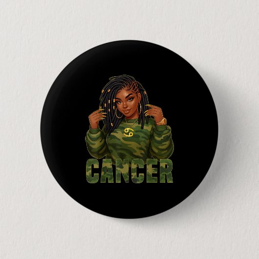 Cancer Queen Loc'd Black Woman Camouflage Zodi Button (Vorderseite)