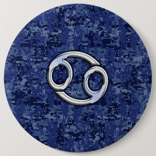 Cancer Zodiac Symbol Navy Blue Digital Camouflage Button