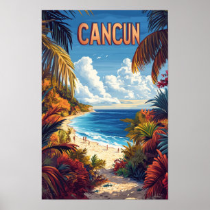 Cancun Beach Mexico Vintag Illustration Travel Poster
