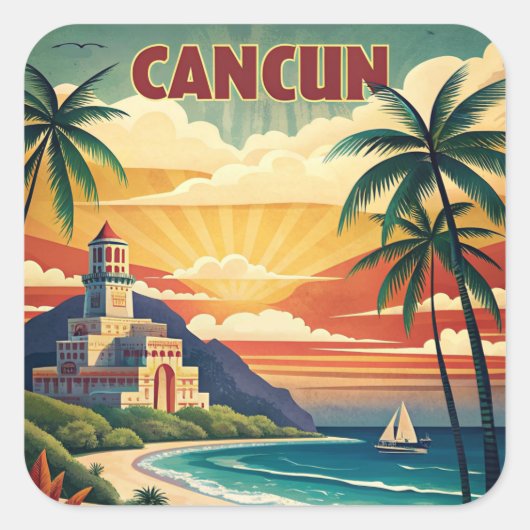 Cancun Beach Mexico Vintage Travel Quadratischer Aufkleber (Vorderseite)