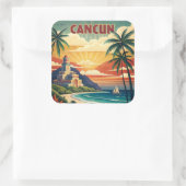 Cancun Beach Mexico Vintage Travel Quadratischer Aufkleber (Tasche)