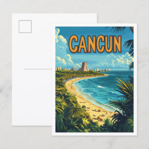 Cancun Mexico Art Vintag Illustration Travel Postkarte