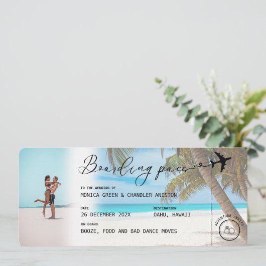 CANCUN Mexico Beach Boarding Pass QR Foto Hochzeit Einladung (Stehend Vorderseite)