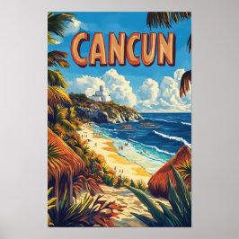 Cancun Mexico Vintag Illustration Travel Poster