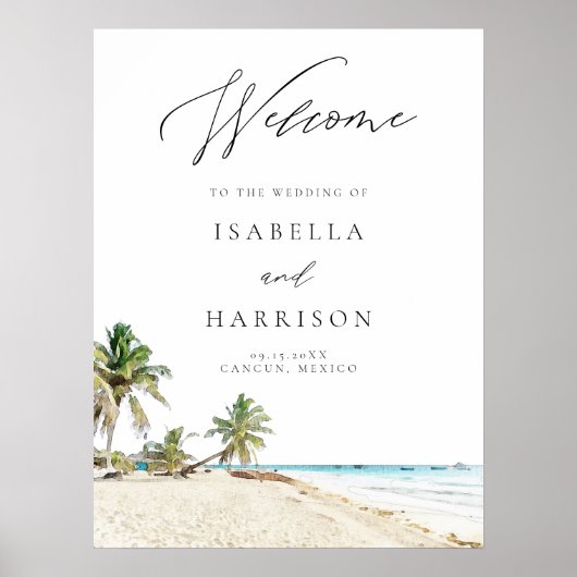 CANCUN Mexico Watercolor Beach Wedding Willkommen Poster (Vorne)