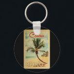 Cancun Palm Tree Vintage Travel Schlüsselanhänger<br><div class="desc">A uniquely retro mid-century modern Cancun Mexico art print in vintage travel poster style. It features a curved palm tree on sandy beach with ocean under a blue cloudy sky.</div>