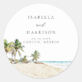 CANCUN Watercolor Beach Palm Tree Zielort Runder Aufkleber (Vorderseite)